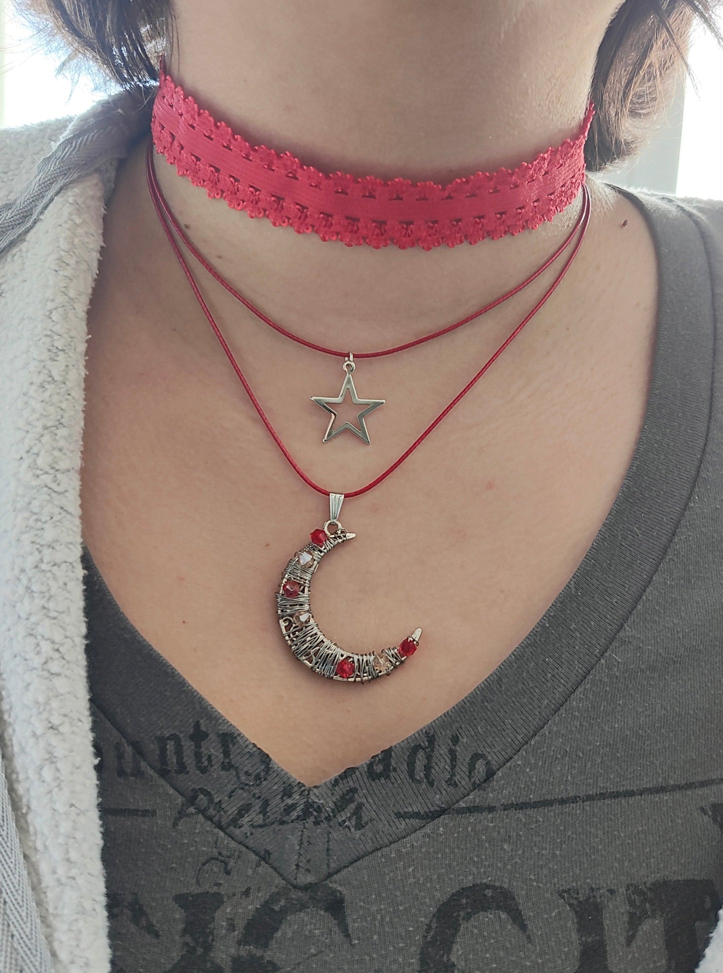 Necklace - Choker colored elastic lace ribbon with two polyester strands and a moon and star silver charm