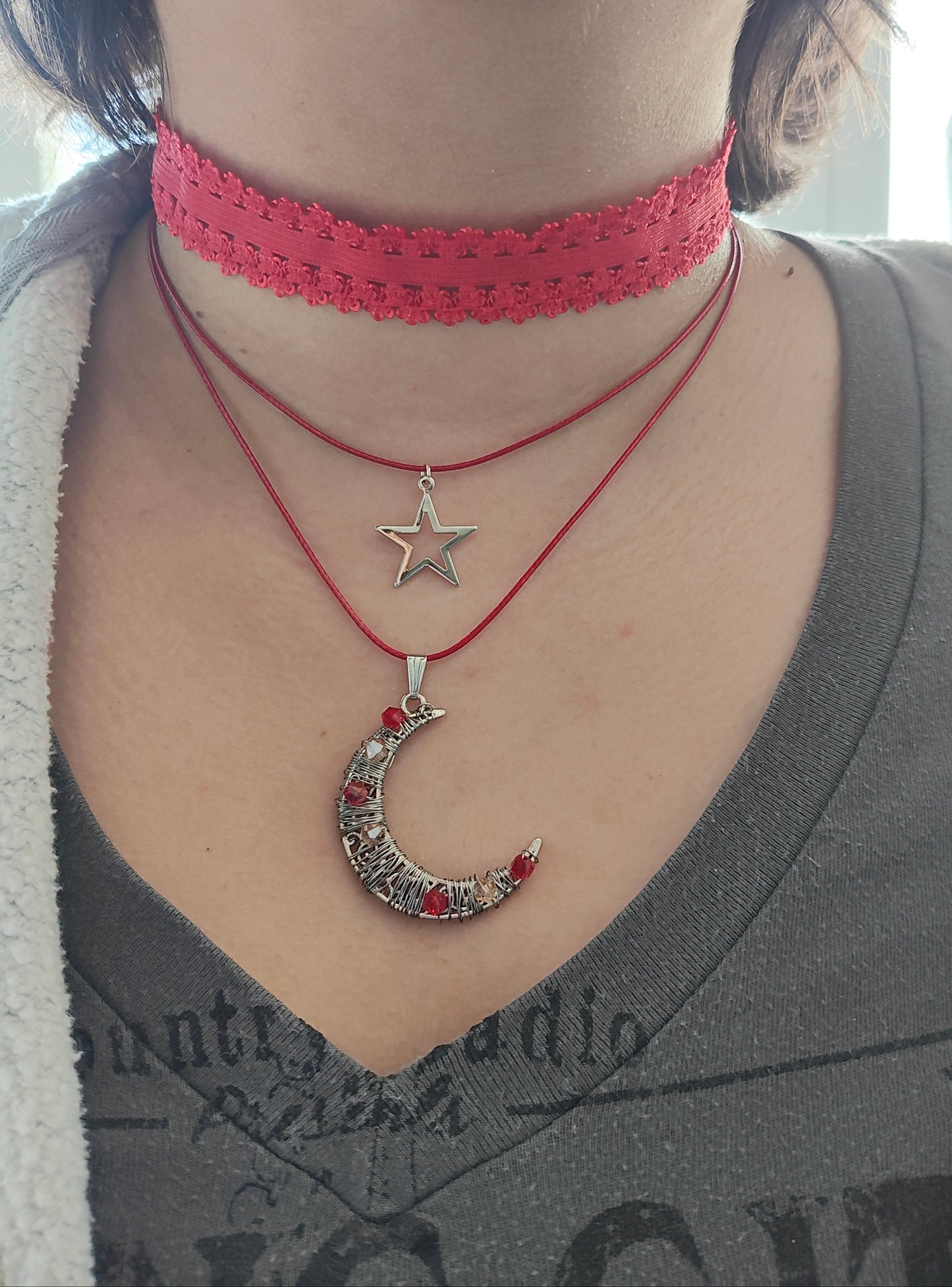 Necklace - Choker colored elastic lace ribbon with two polyester strands and a moon and star silver charm