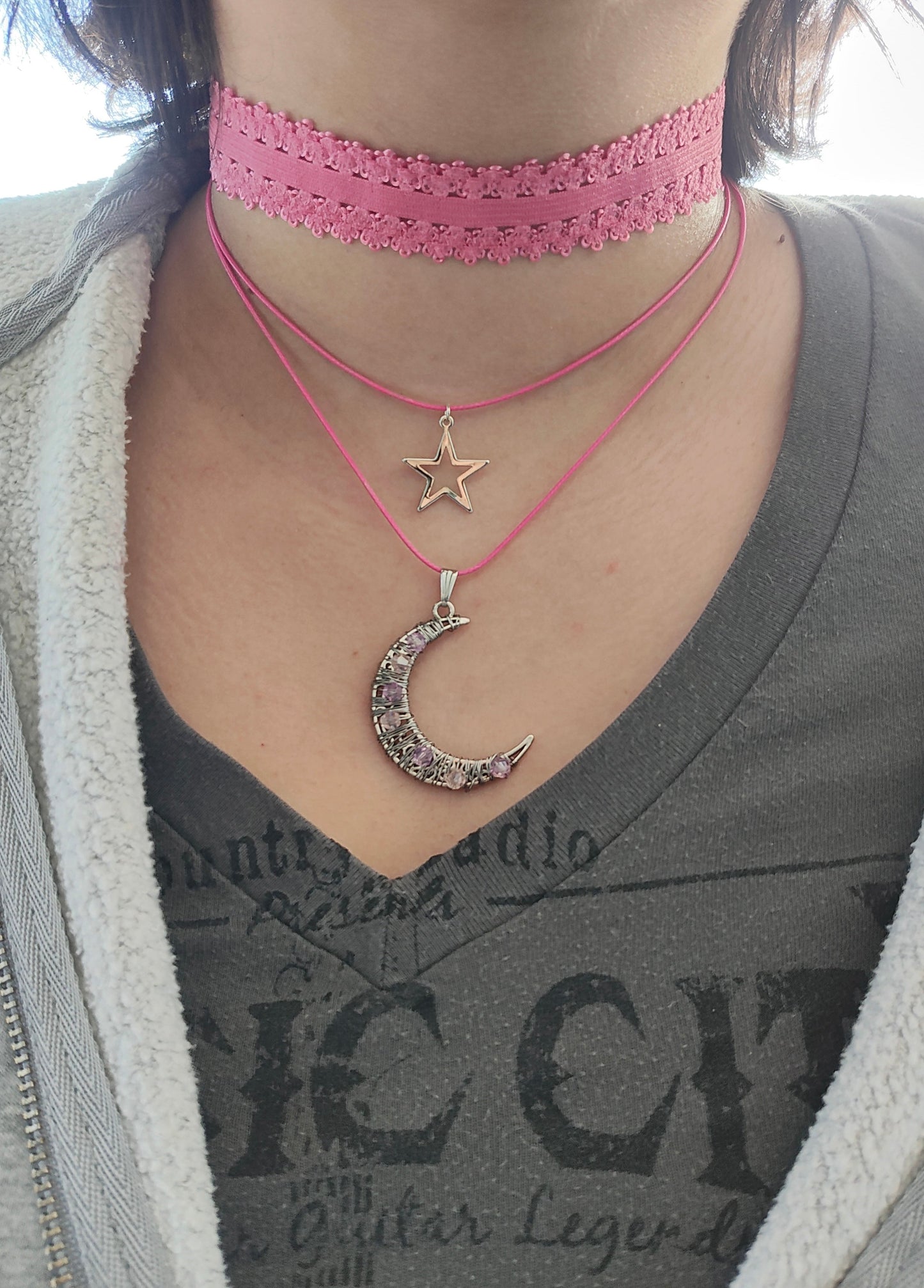 Necklace - Choker colored elastic lace ribbon with two polyester strands and a moon and star silver charm