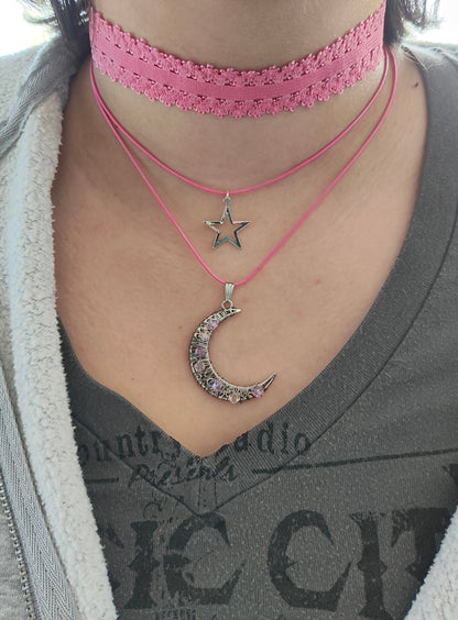 Necklace - Choker colored elastic lace ribbon with two polyester strands and a moon and star silver charm