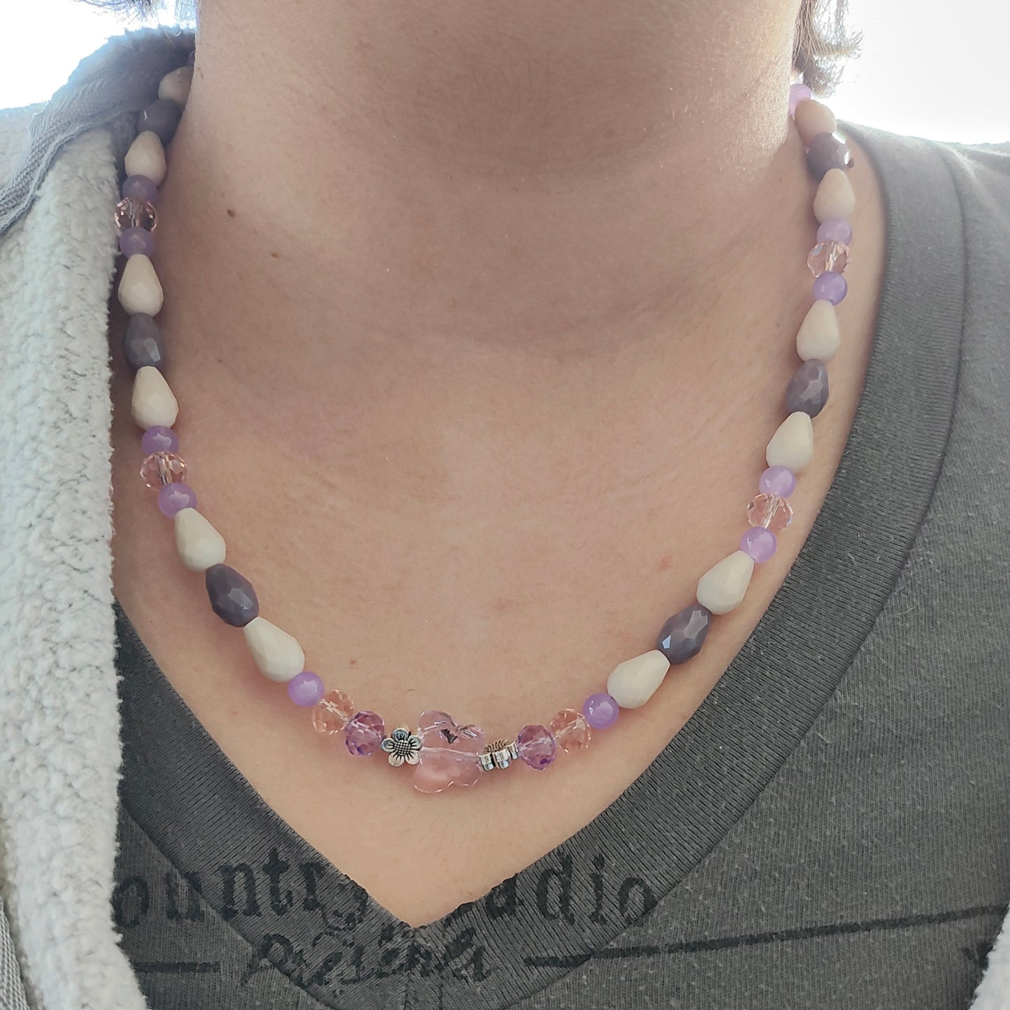 Necklace - 19.5 inches with crystal butterfly and glass beads and metal flower beads