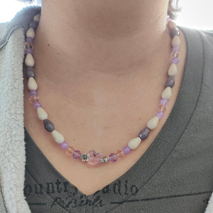Necklace - 19.5 inches with crystal butterfly and glass beads and metal flower beads