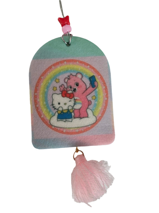 Car Ornament - Double sided round top rectangle pink care bear & Hello Kitty