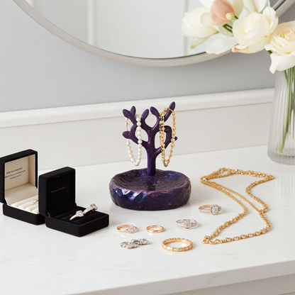 Artisan Resin Jewelry Tree with Trinket Dish – Handmade Vanity Organizer