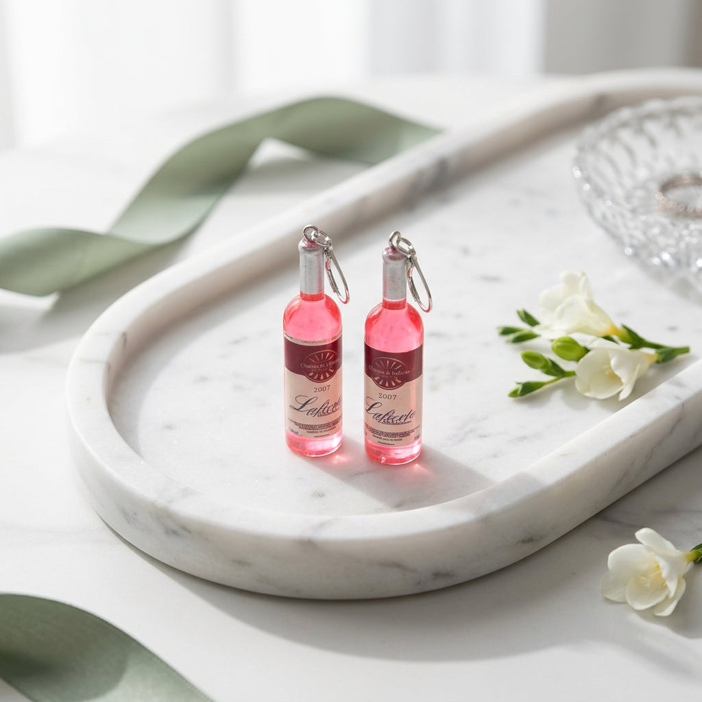 Miniature Wine Bottle Drop Earrings – Pink Resin Charm with Lever-Back Hooks