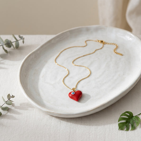 Necklace - Stainless steel gold chain with red evil eye heart