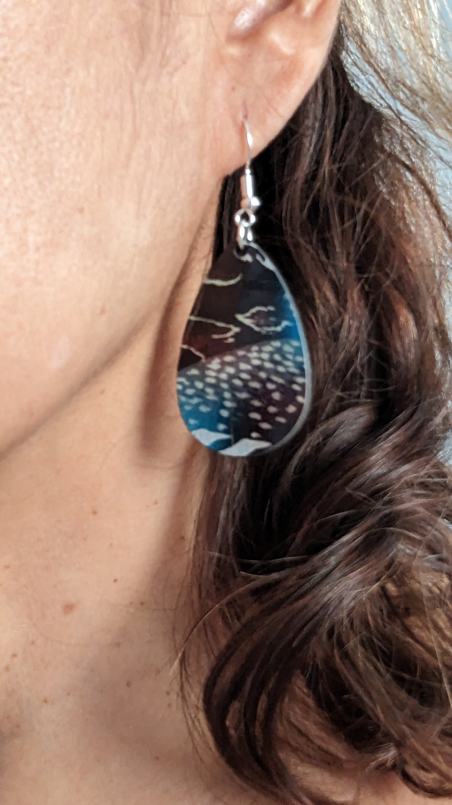 Earrings - Double sided sublimated blue and brown pattern on silver hook