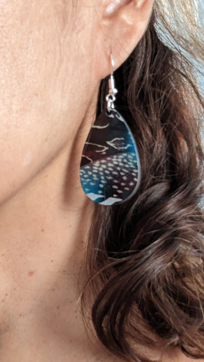 Earrings - Double sided sublimated blue and brown pattern on silver hook