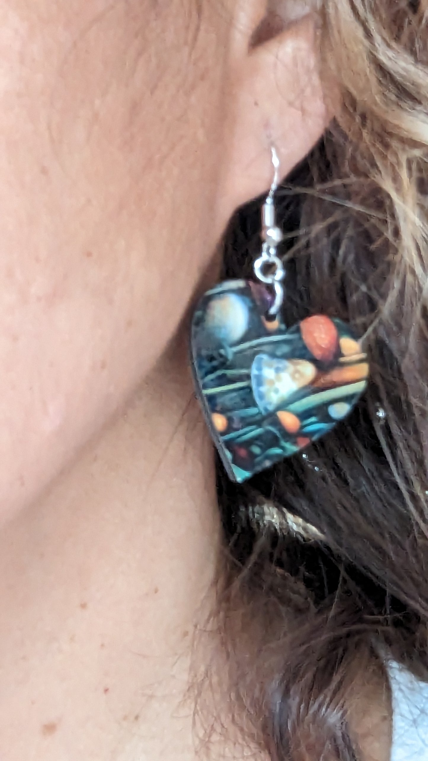 Earrings - Double sided heart with abstract mushroom image on hook