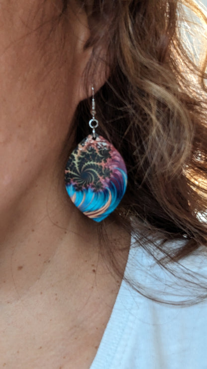 Earrings - Double sided sublimated leaf shape with abstract leopard feather image on hook