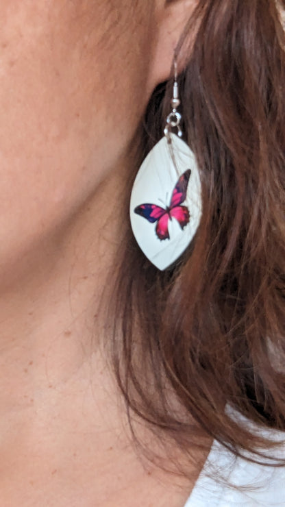 Earrings - Double sided sublimated leaf shape with butterfly on one side and mushroom on the other on hook