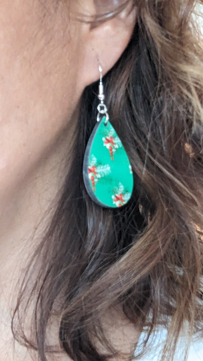 Earrings - Double sided sublimated red ornaments and green background image on silver hook