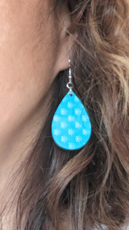 Earrings- Double sided sublimated white snowflakes on blue pattern image on silver hook