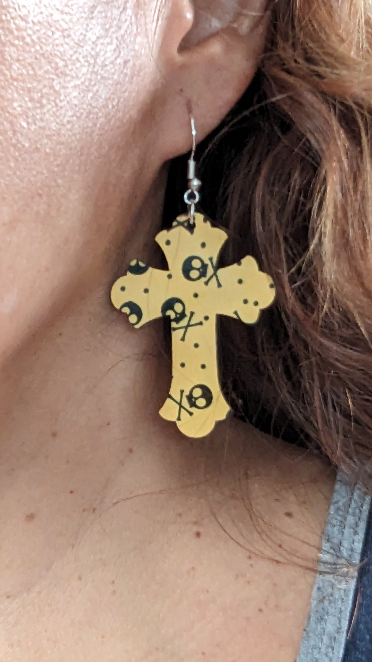 Earrings - Double sided sublimated cross with skulls image on yellow on silver hook