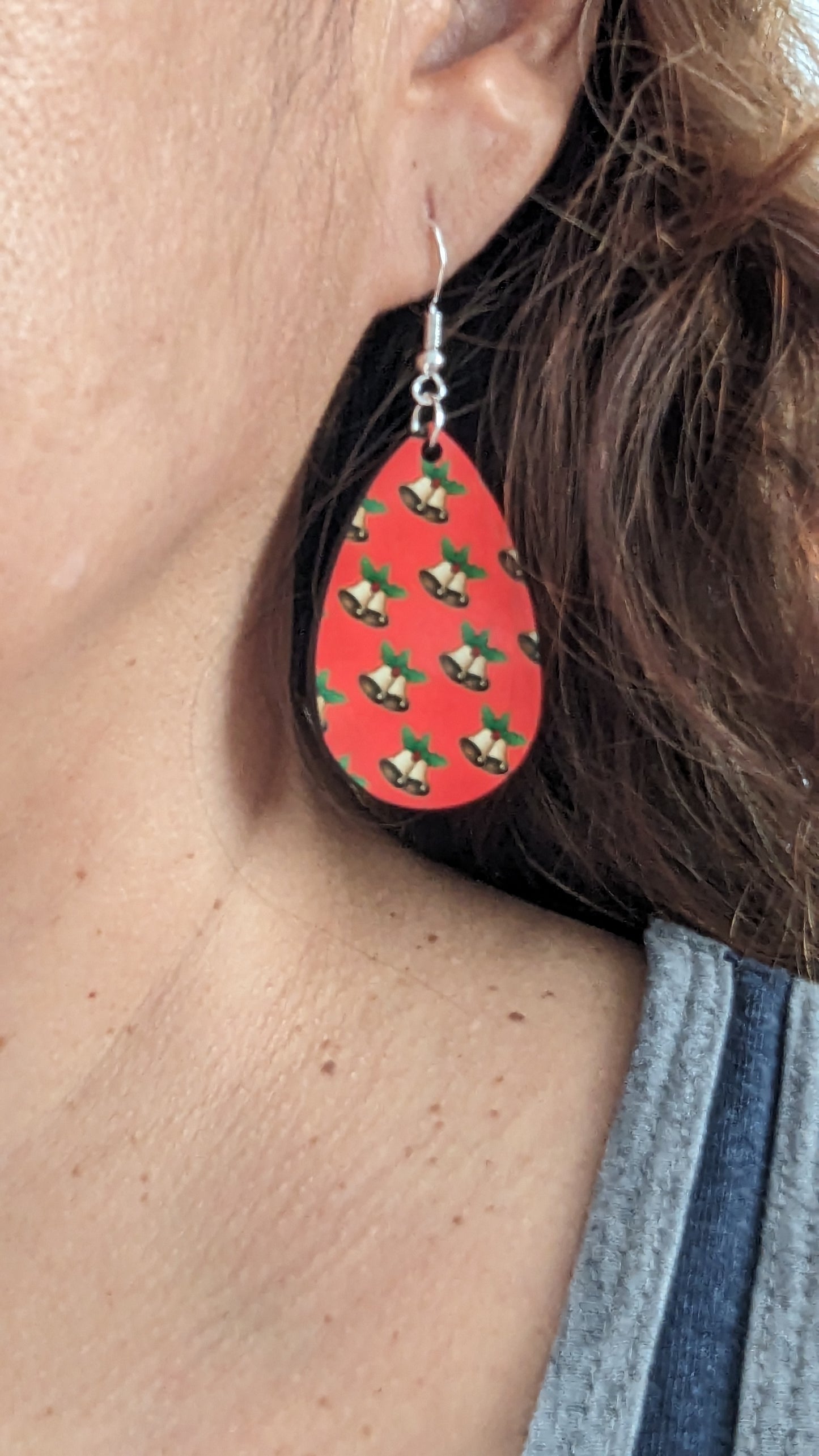 Earrings - Double sided sublimated bells with red background image on silver hook