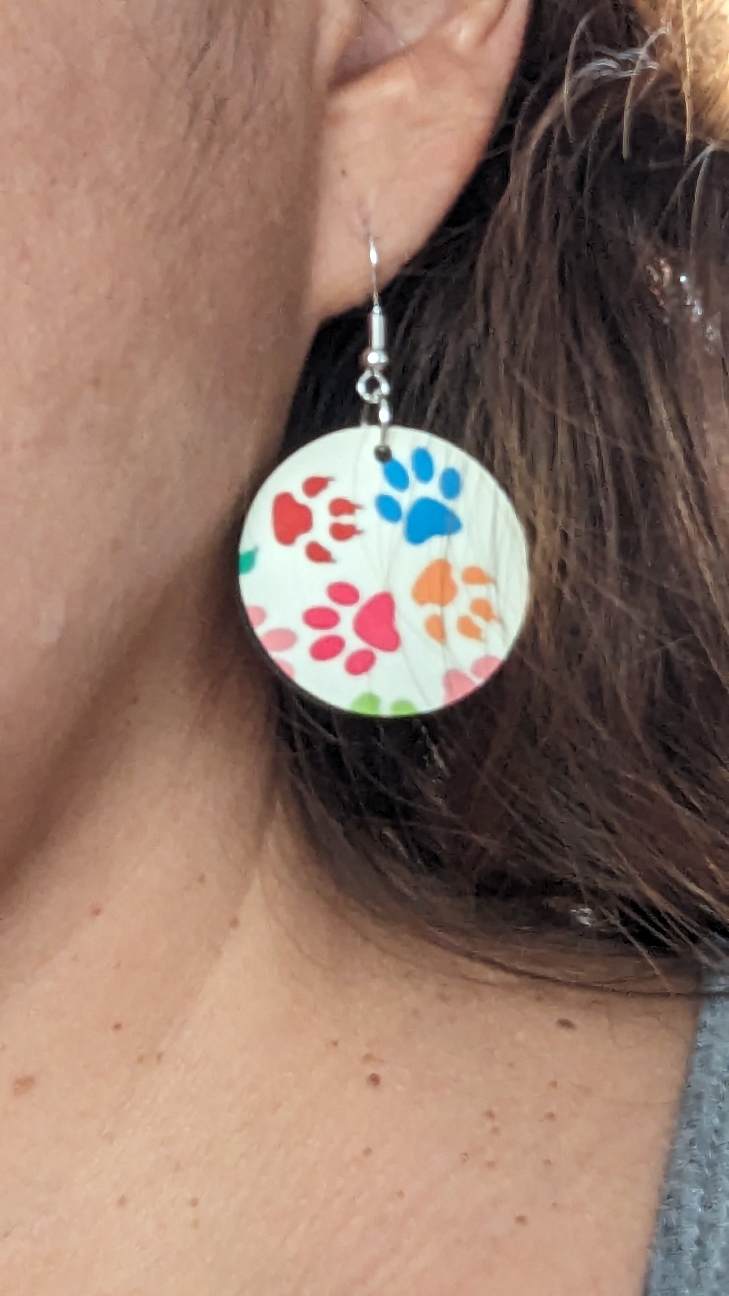 Earrings - Round double sided sublimated paws on silver hook