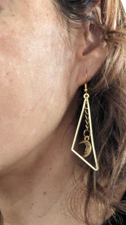 Earrings - Golden geometric triangle with moon on hook