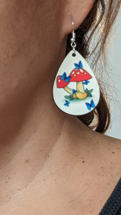 Earrings - Double sided sublimated mushrooms with butterflies image on silver hook