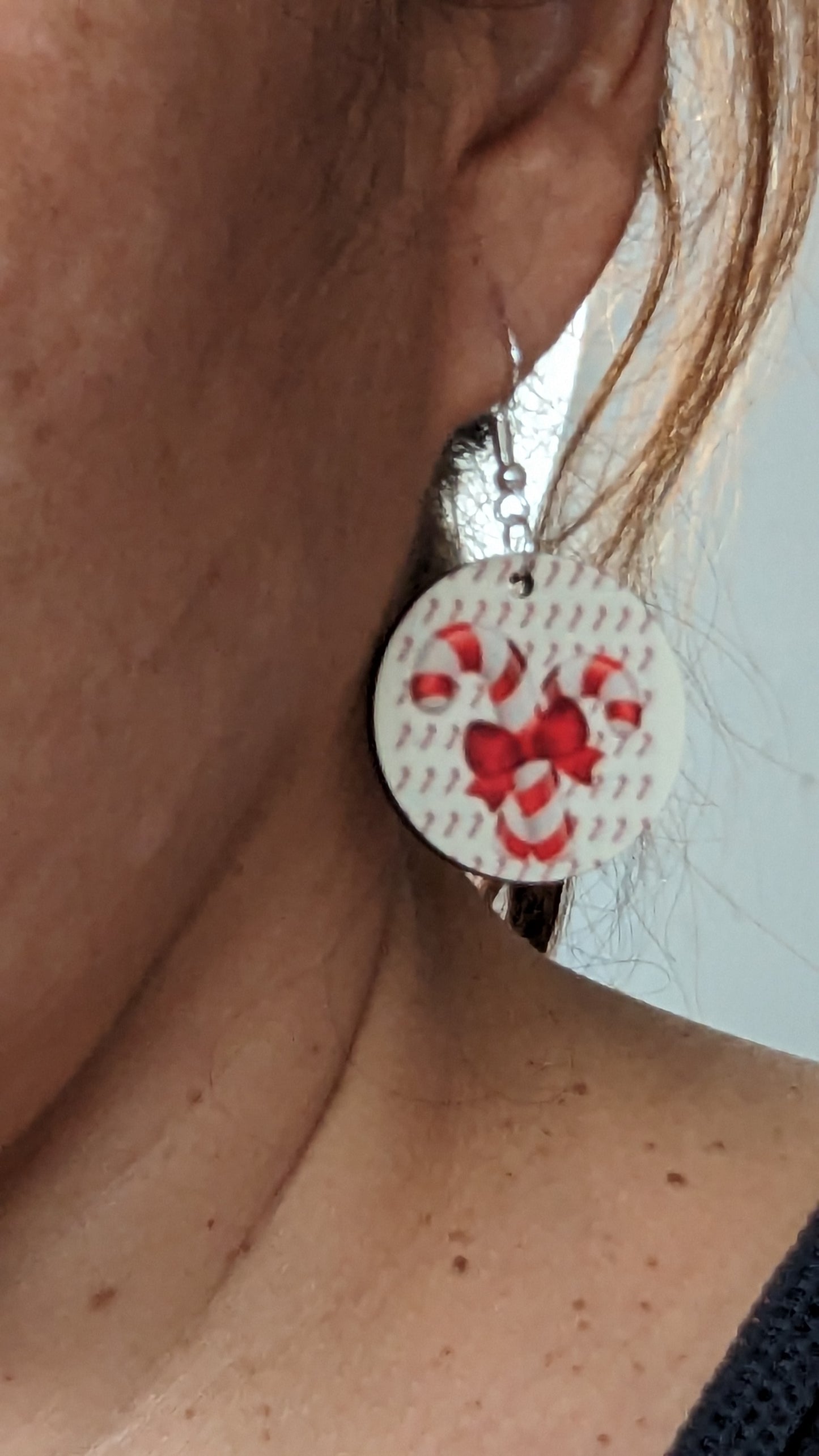 Earrings - Double sided sublimated round candy canes image on silver hook