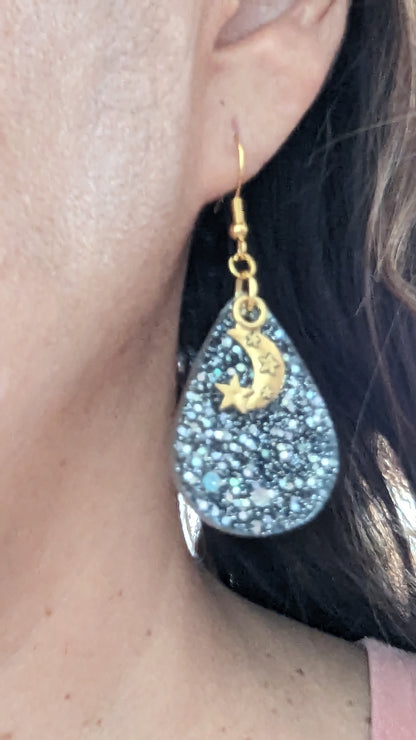 Earrings - Resin teardrop with gold charm on hook