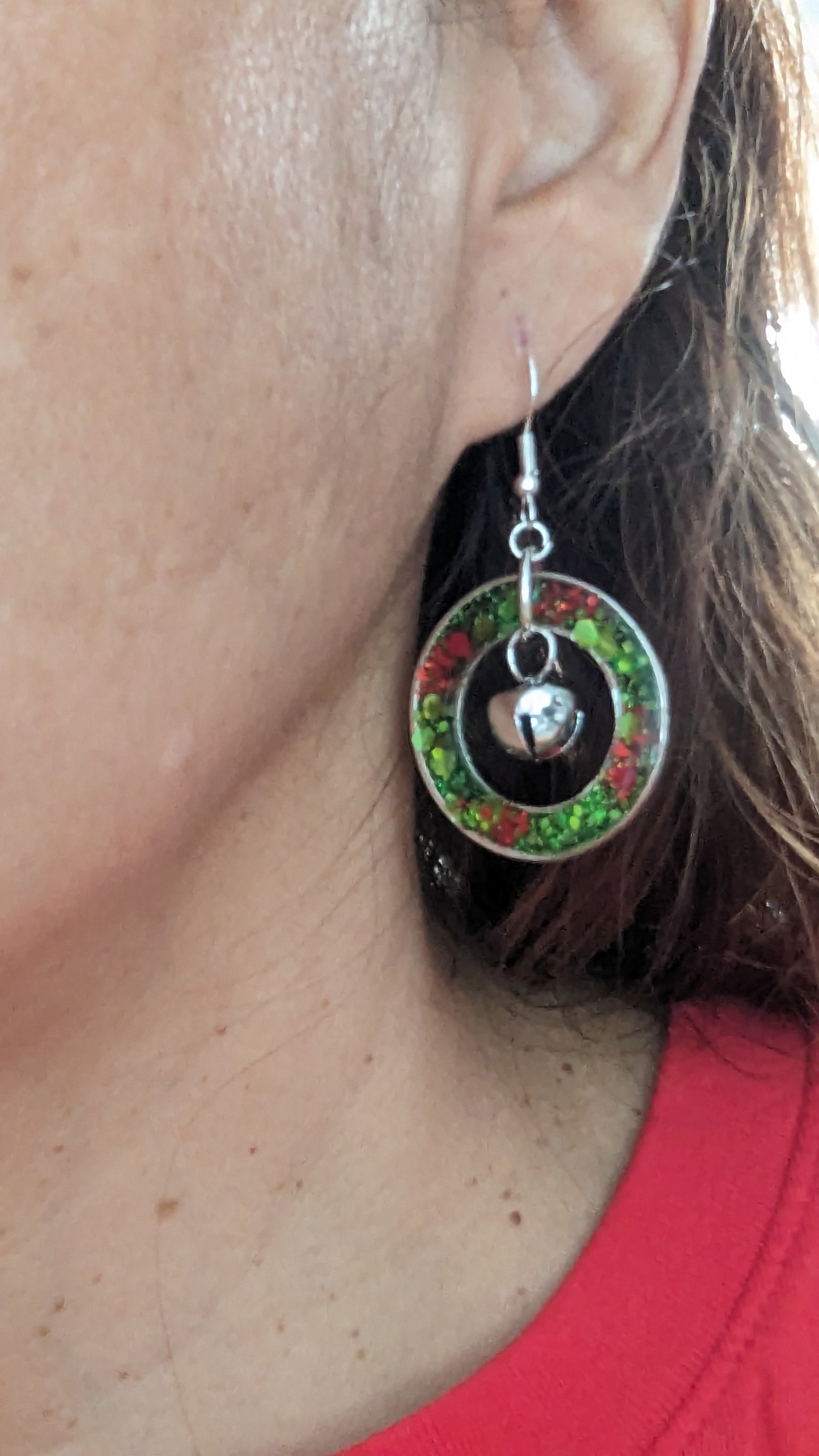 Earrings - Resin wreath with jingle bell on hook