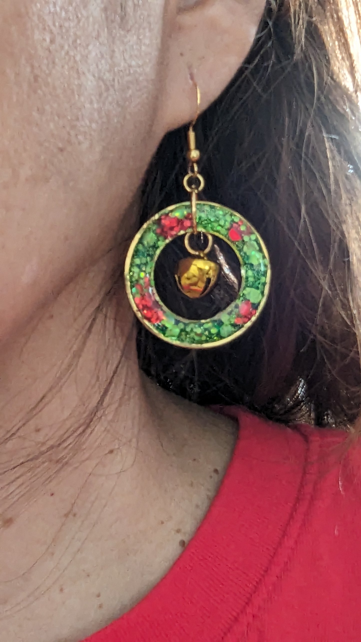 Earrings - Resin wreath with jingle bell on hook