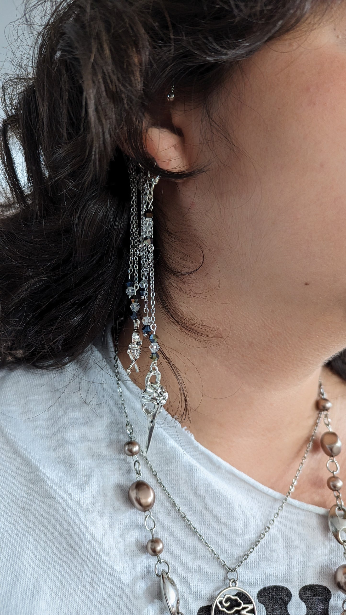 Earrings - Ear Cuff Non Pierced Wrap Earrings with Silver stainless steel link cable chain (Raven skull, skull)