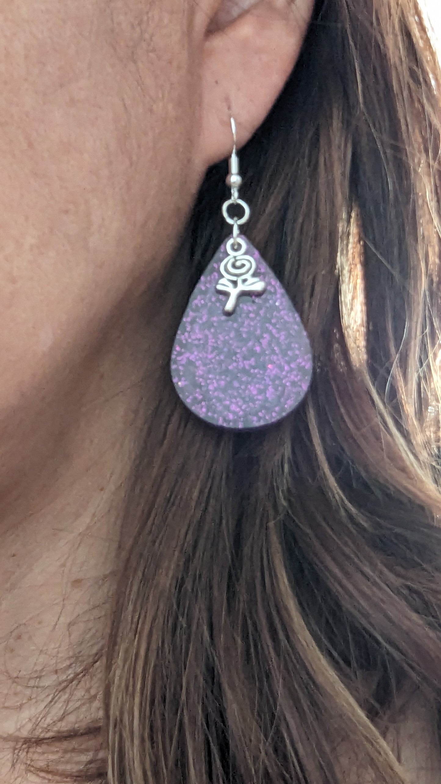 Earrings - Resin teardrop with silver charm on hook