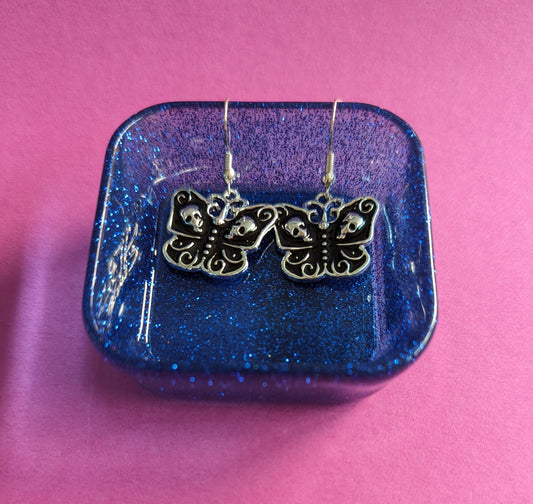 Gift Bundle - Butterfly with skull faces earrings with square trinket dish