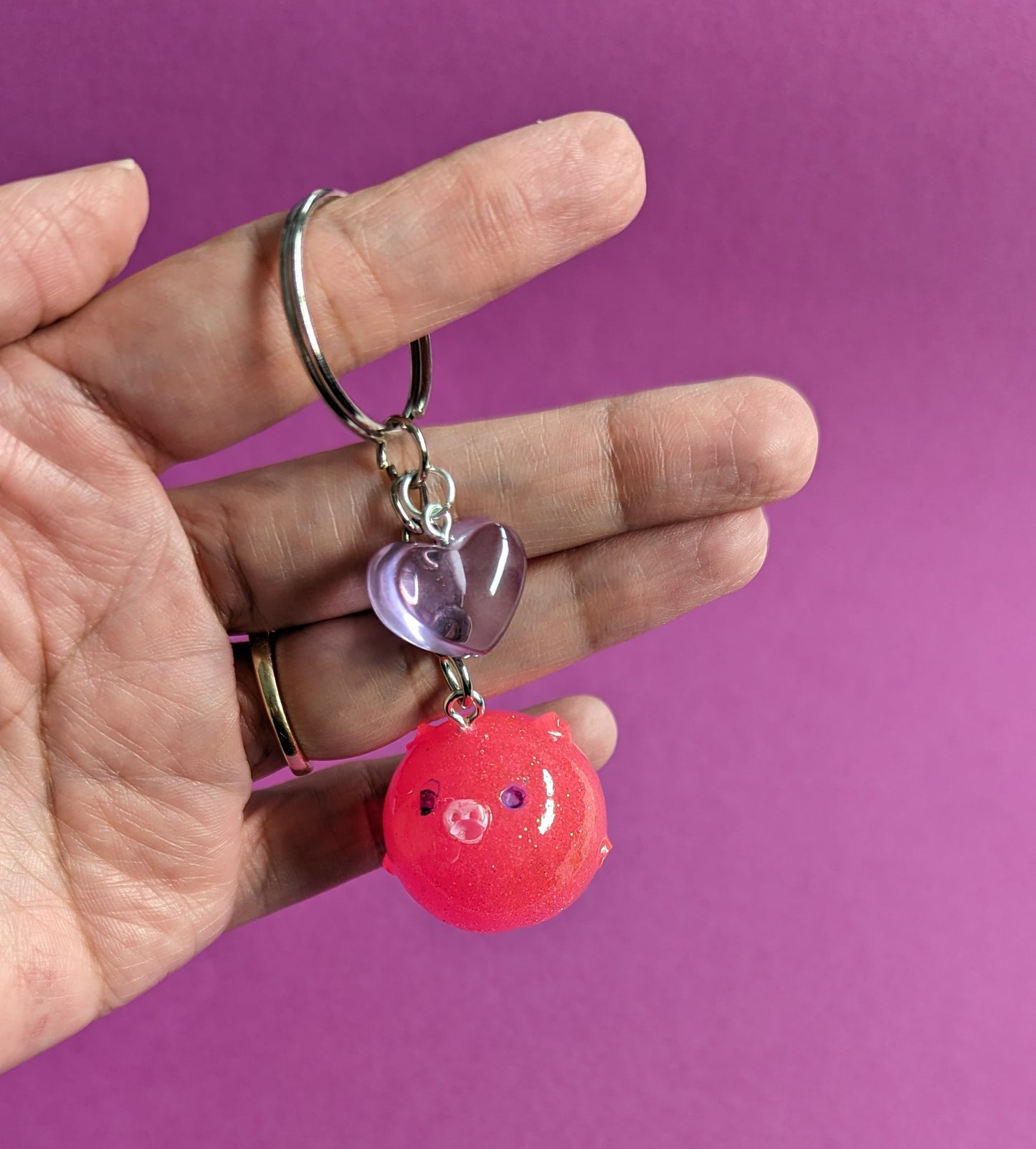 Keychain - Resin 3D pig with heart charm