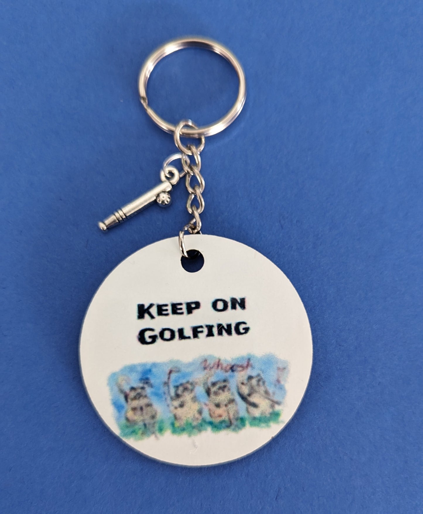 Keychain - Double sided sublimated Keep on golfing with silver golf charm