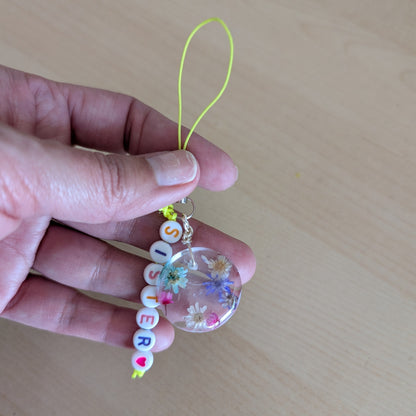 Phone charm - Resin charm with dried flowers and beads