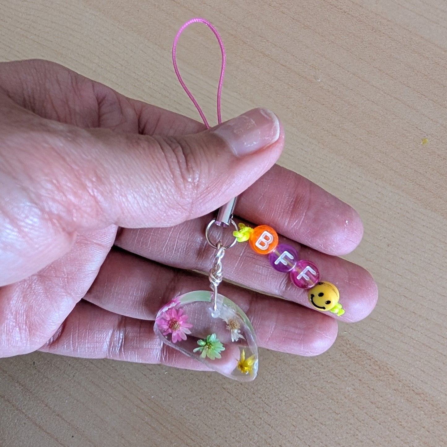 Phone charm - Resin charm with dried flowers and beads