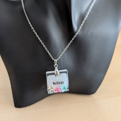 Necklace - 21 inches stainless steel cable link chain with a resin with flowers square pendant