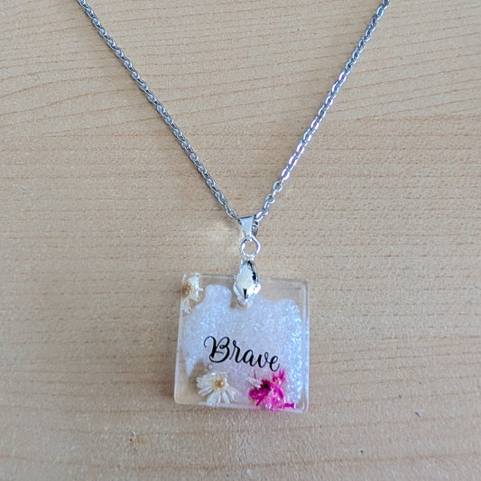 Necklace - 21 inches stainless steel cable link chain with a resin with flowers square pendant