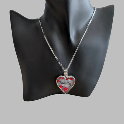 Necklace - 21 inches stainless steel cable link chain with a family resin and flowers silver heart pendant
