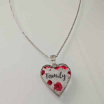 Necklace - 21 inches stainless steel cable link chain with a family resin and flowers silver heart pendant