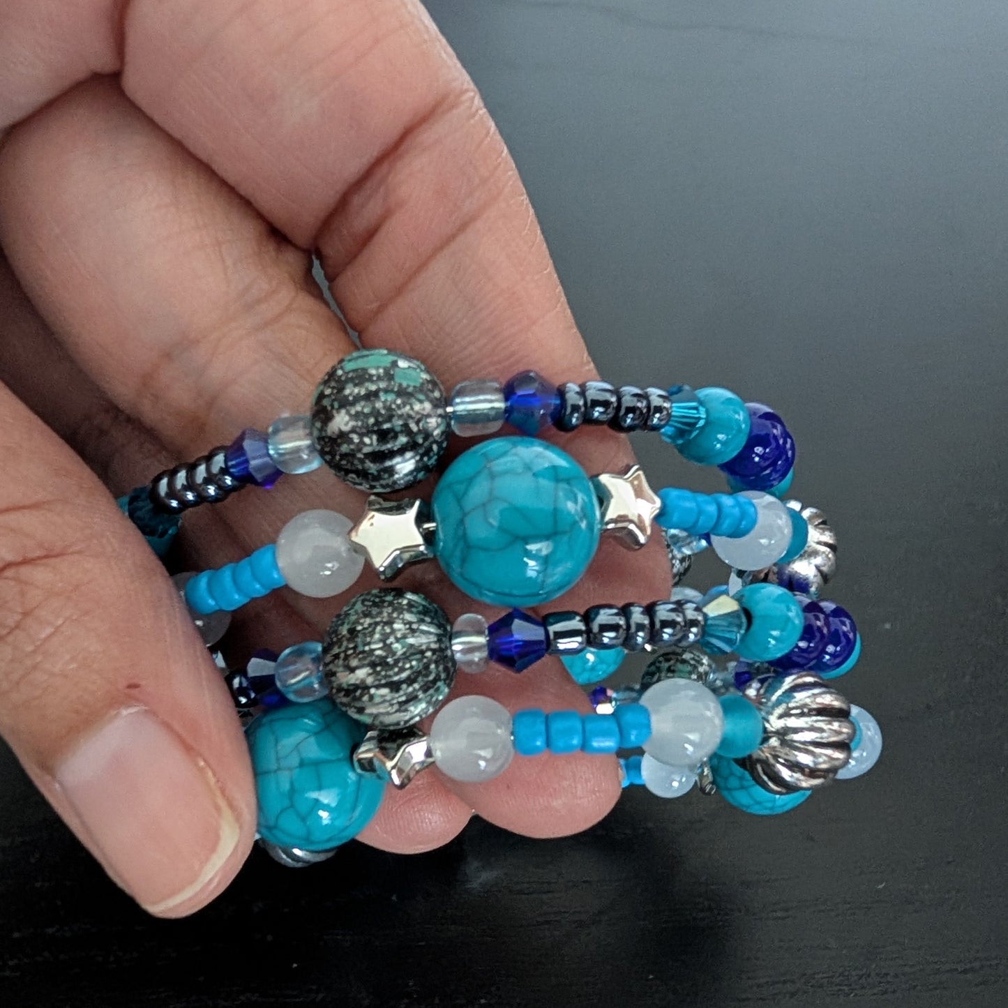 Bracelet - 4 coil Blue and silver beads on memory wire bracelet