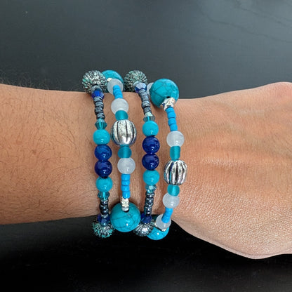 Bracelet - 4 coil Blue and silver beads on memory wire bracelet