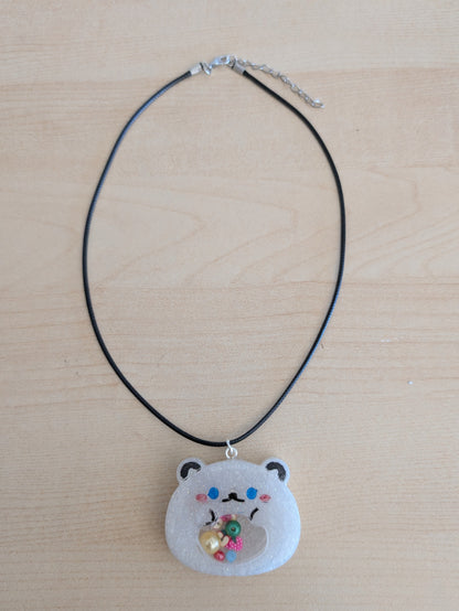 Necklace - 17.5 inches resin shaker bear on black leather cord with clasp