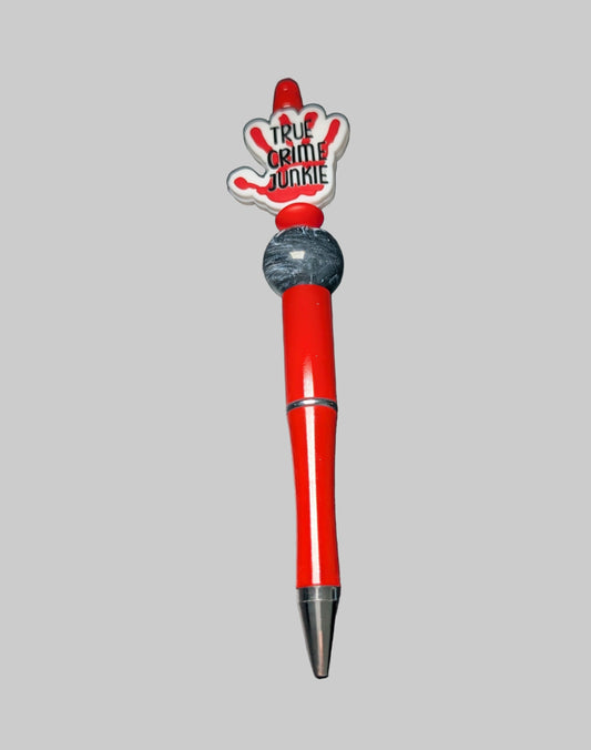 Pen -True Crime Junkie Hand silicon beaded acrylic pen (black ink)