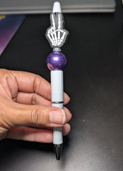 Pen -Peace skeleton hands silicon beaded acrylic pen (black ink)