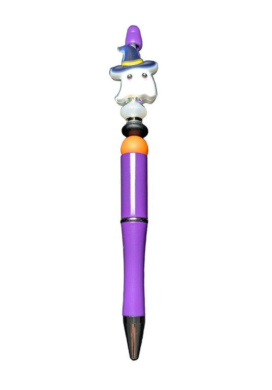 Pen -Ghost with hat silicon beaded acrylic pen (black ink)