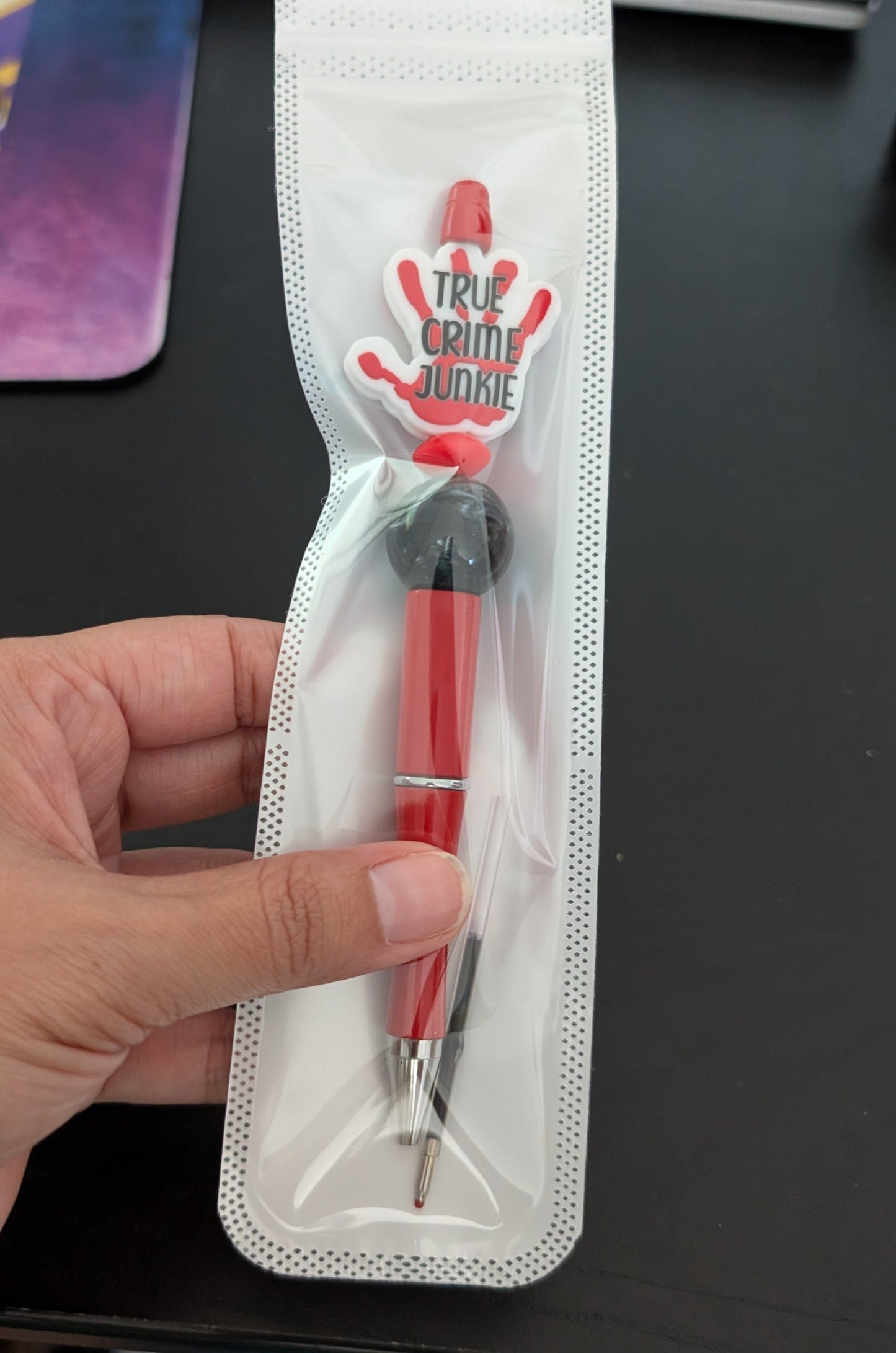 Pen -True Crime Junkie Hand silicon beaded acrylic pen (black ink)
