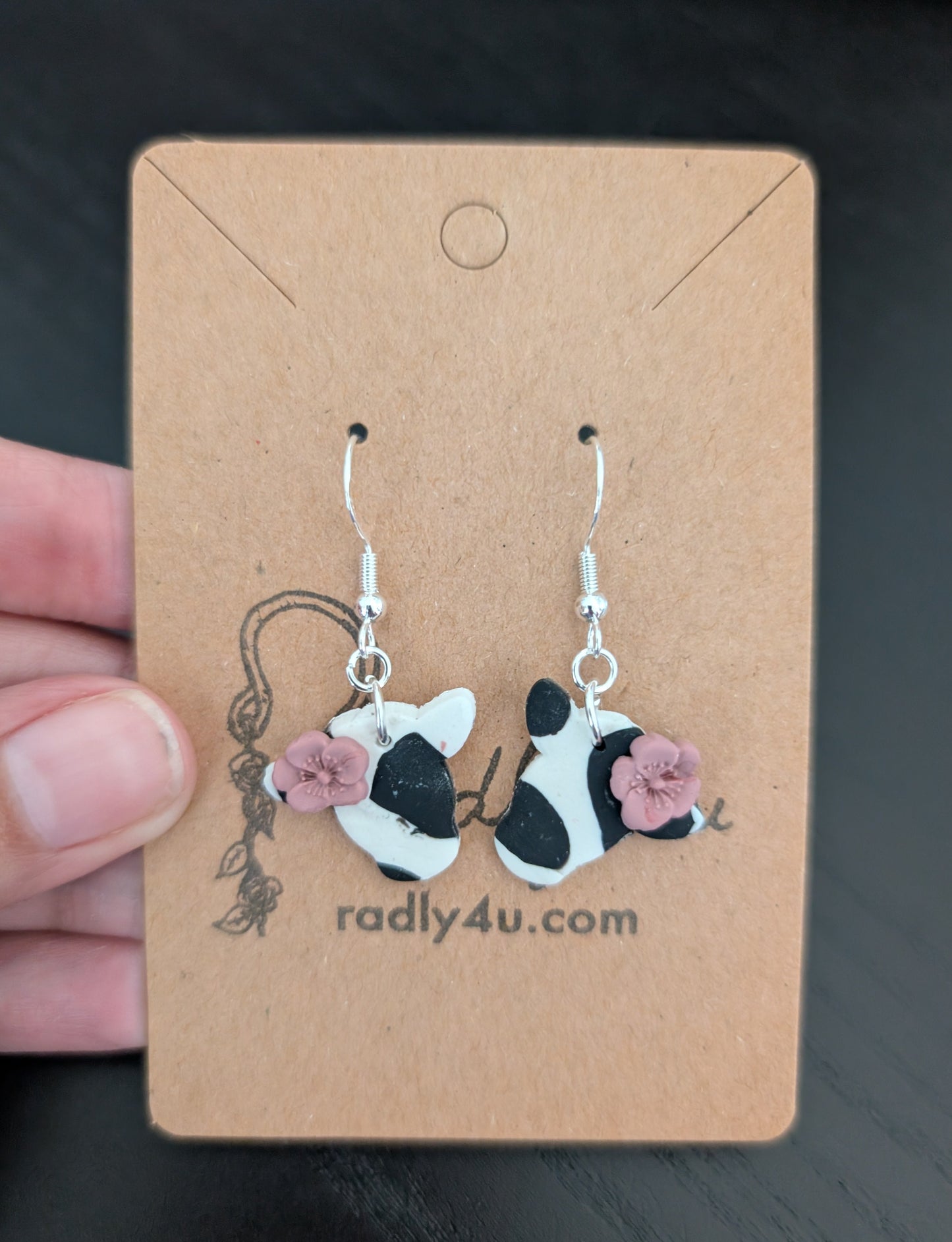 Earrings - Polymer Clay Cow with flower on 925 sterling silver hook