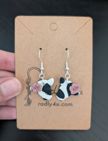Earrings - Polymer Clay Cow with flower on 925 sterling silver hook