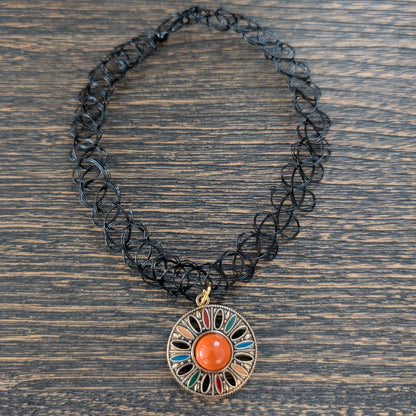 Necklace - Choker Adjustable Stretchy Elastic Necklace with Boho Antique Silver charm