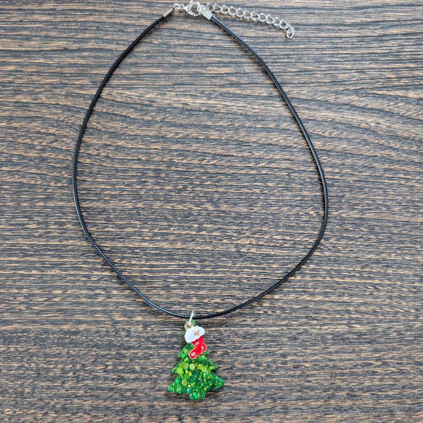 Necklace - 17.5 inches black waxed cord with resin Christmas tree and charm