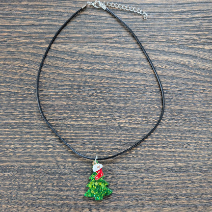 Necklace - 17.5 inches black waxed cord with resin Christmas tree and charm