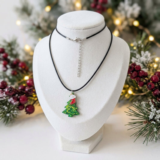 Necklace - 17.5 inches black waxed cord with resin Christmas tree and charm